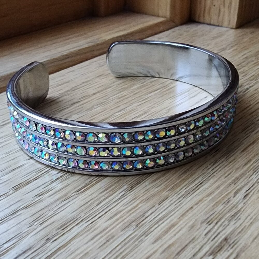 Silvertone Bangle With Three Rows Of Crystals - image 2